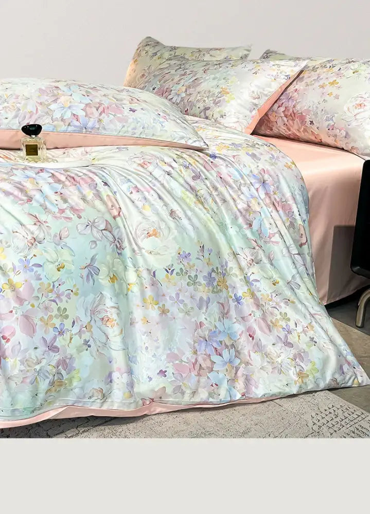 Pastel floral satin silk duvet cover set bedroom bedding