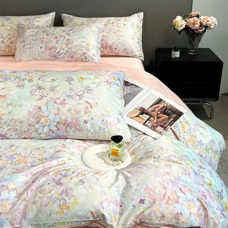 Pastel floral satin silk duvet cover set bedroom bedding