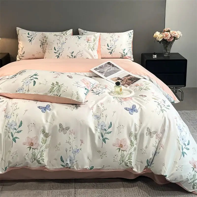 Pastel floral satin silk duvet cover set bedroom bedding