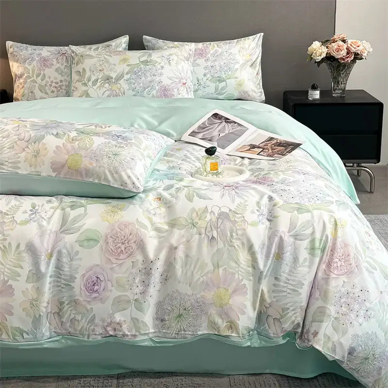 Pastel floral satin silk duvet cover set bedroom bedding
