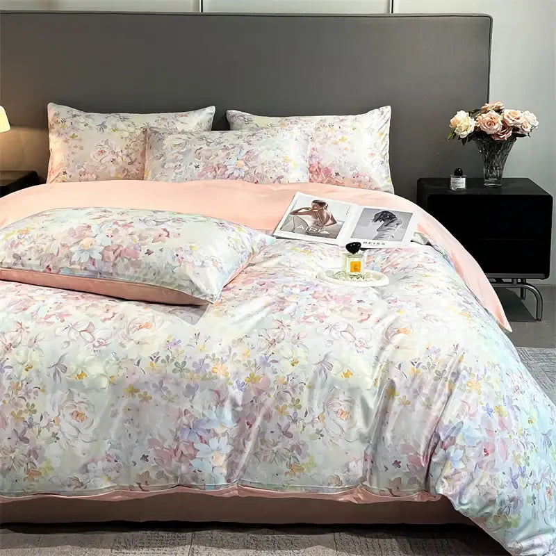 Pastel floral satin silk duvet cover set bedroom bedding