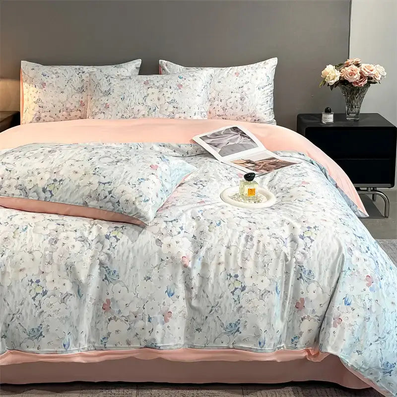 Pastel floral satin silk duvet cover set bedroom bedding