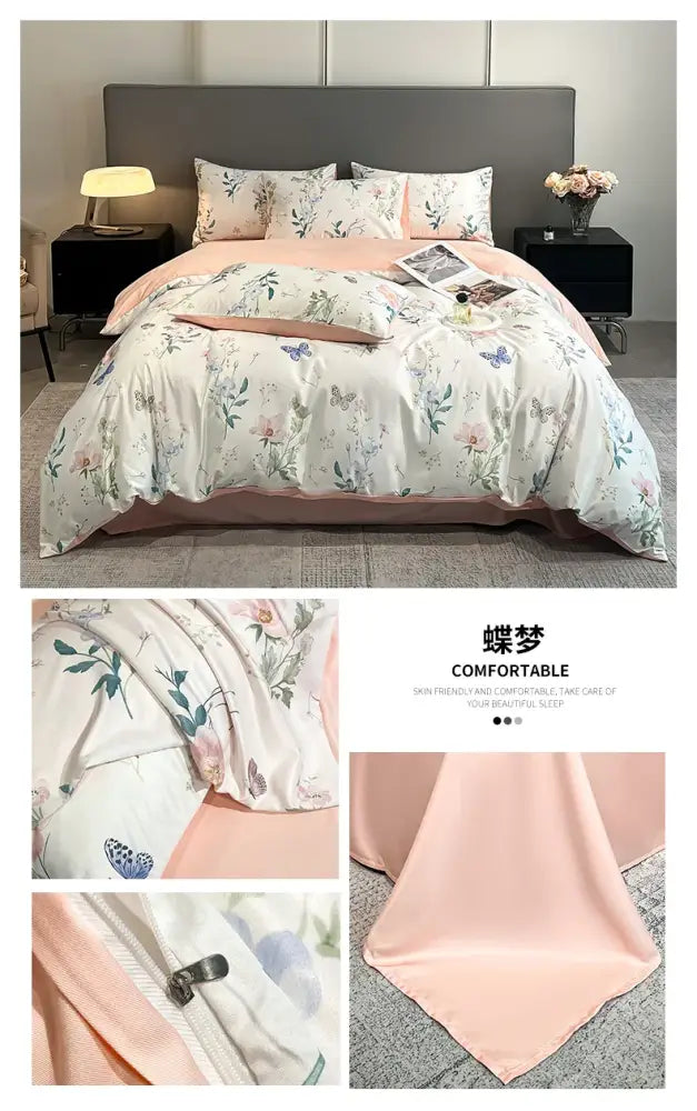 Pastel floral satin silk duvet cover set bedroom bedding