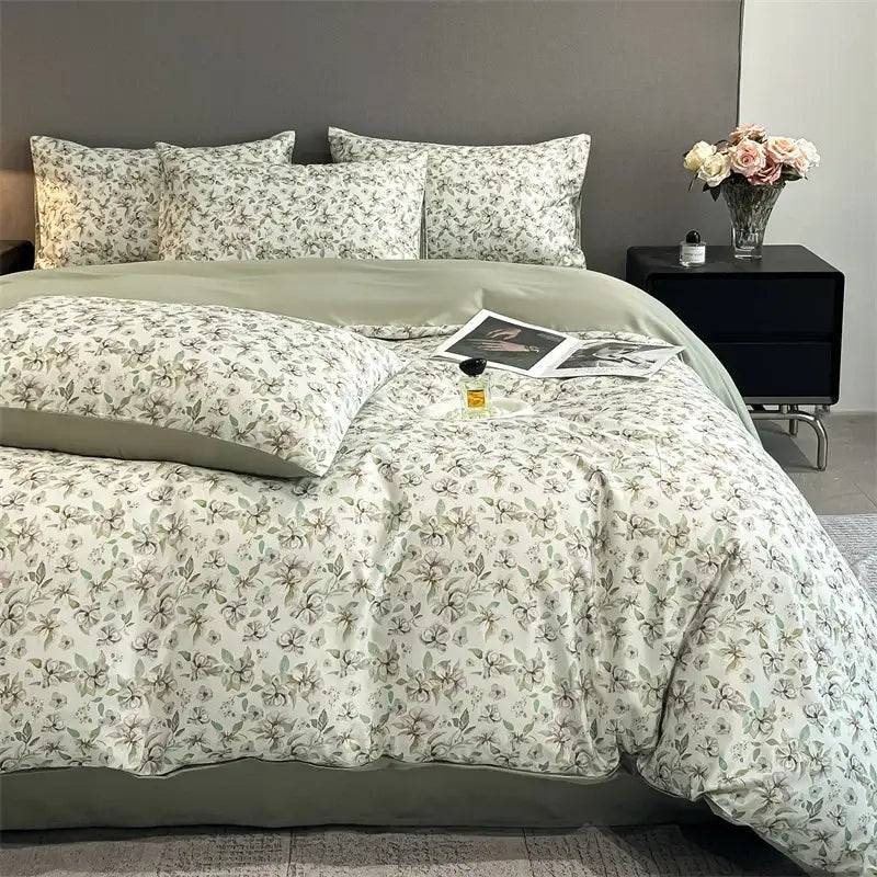 Pastel floral satin silk duvet cover set bedroom bedding