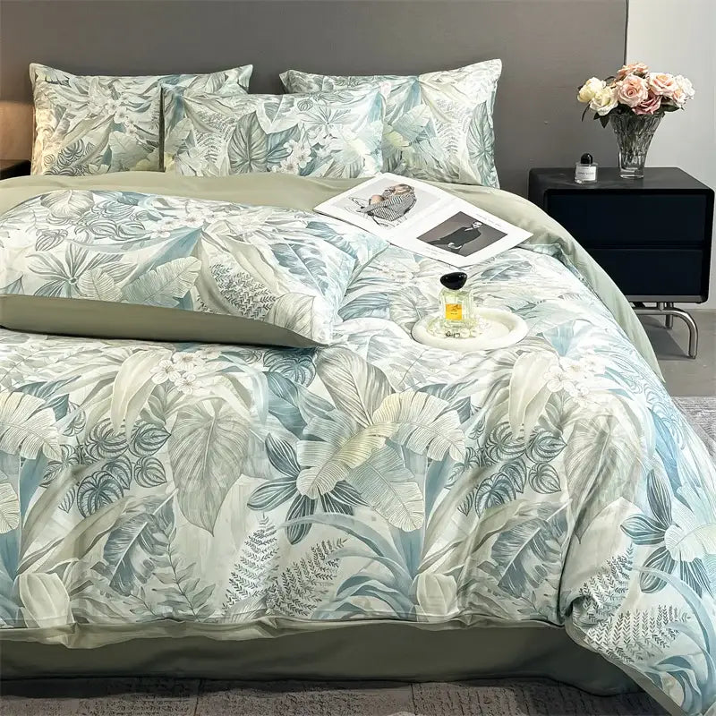 Pastel floral satin silk duvet cover set bedroom bedding