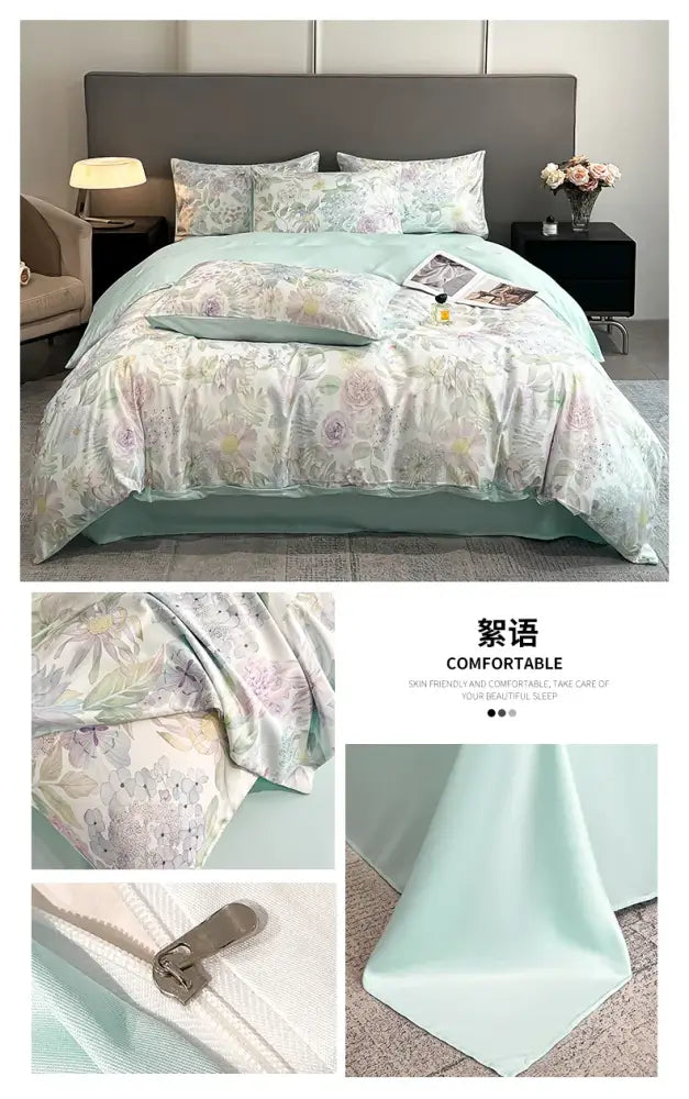 Pastel floral satin silk duvet cover set bedroom bedding