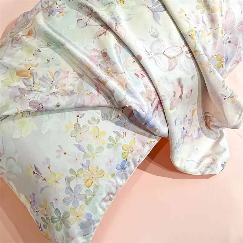 Pastel floral satin silk duvet cover set bedroom bedding