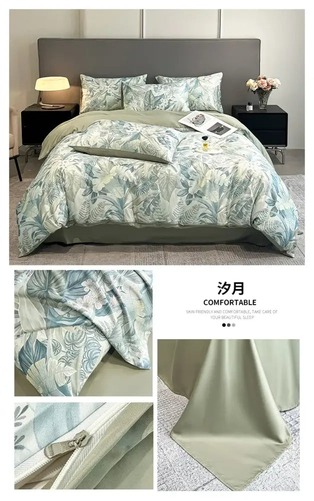 Pastel floral satin silk duvet cover set bedroom bedding