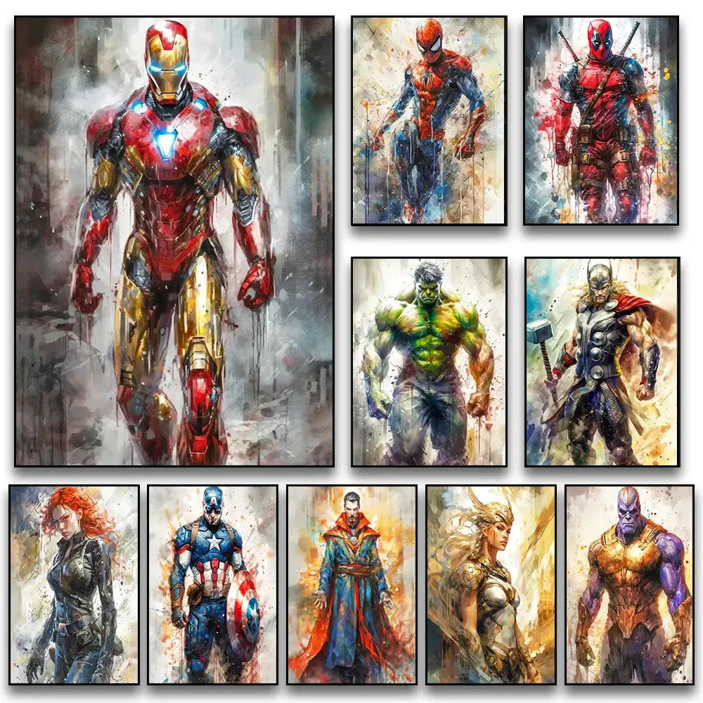 Watercolor marvel superhero canvas wall art bedroom decor