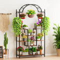 Modern black metal and wood 5 tier plant stand with hanging hooks living room