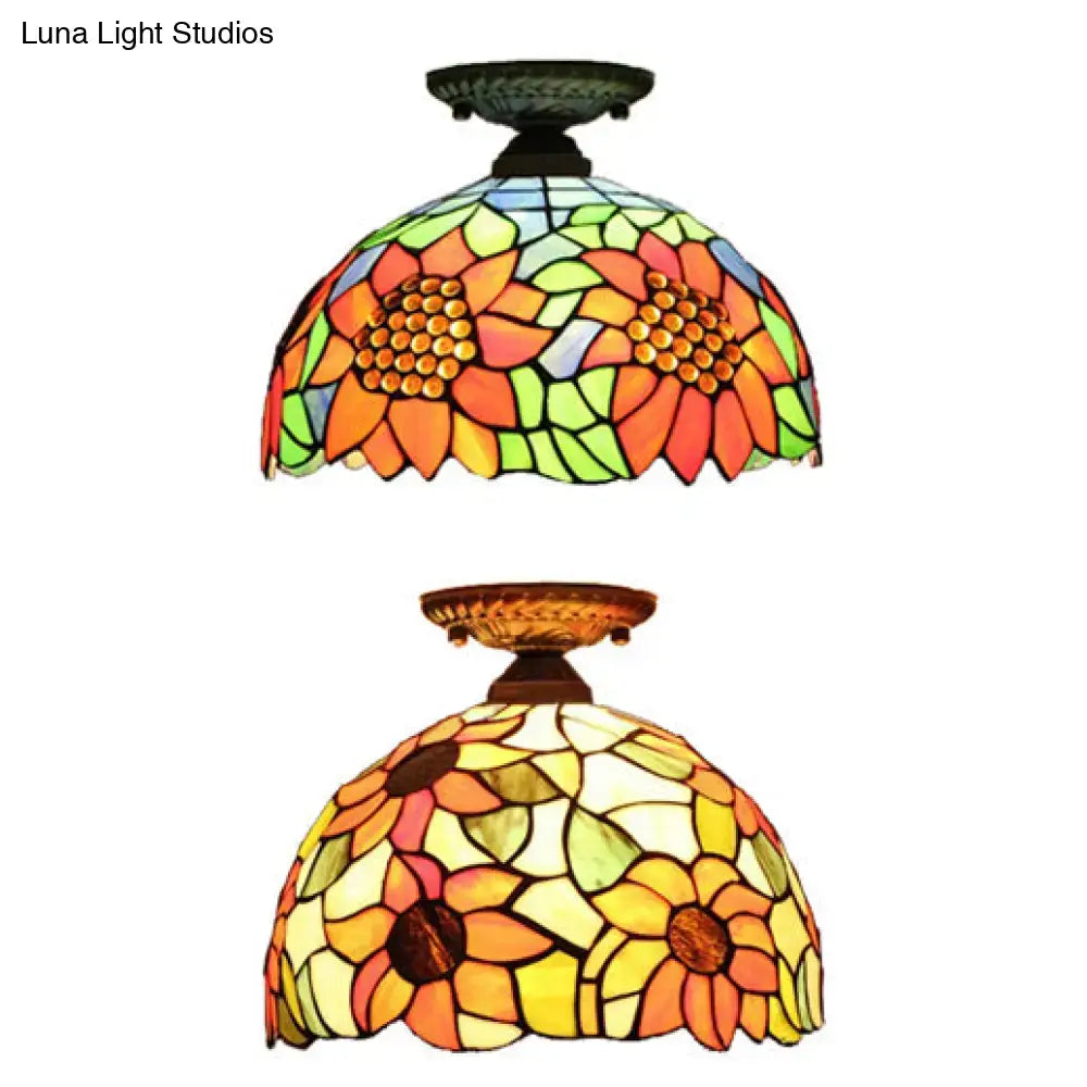 Tiffany sunflower stained glass semi flush mount bedroom light