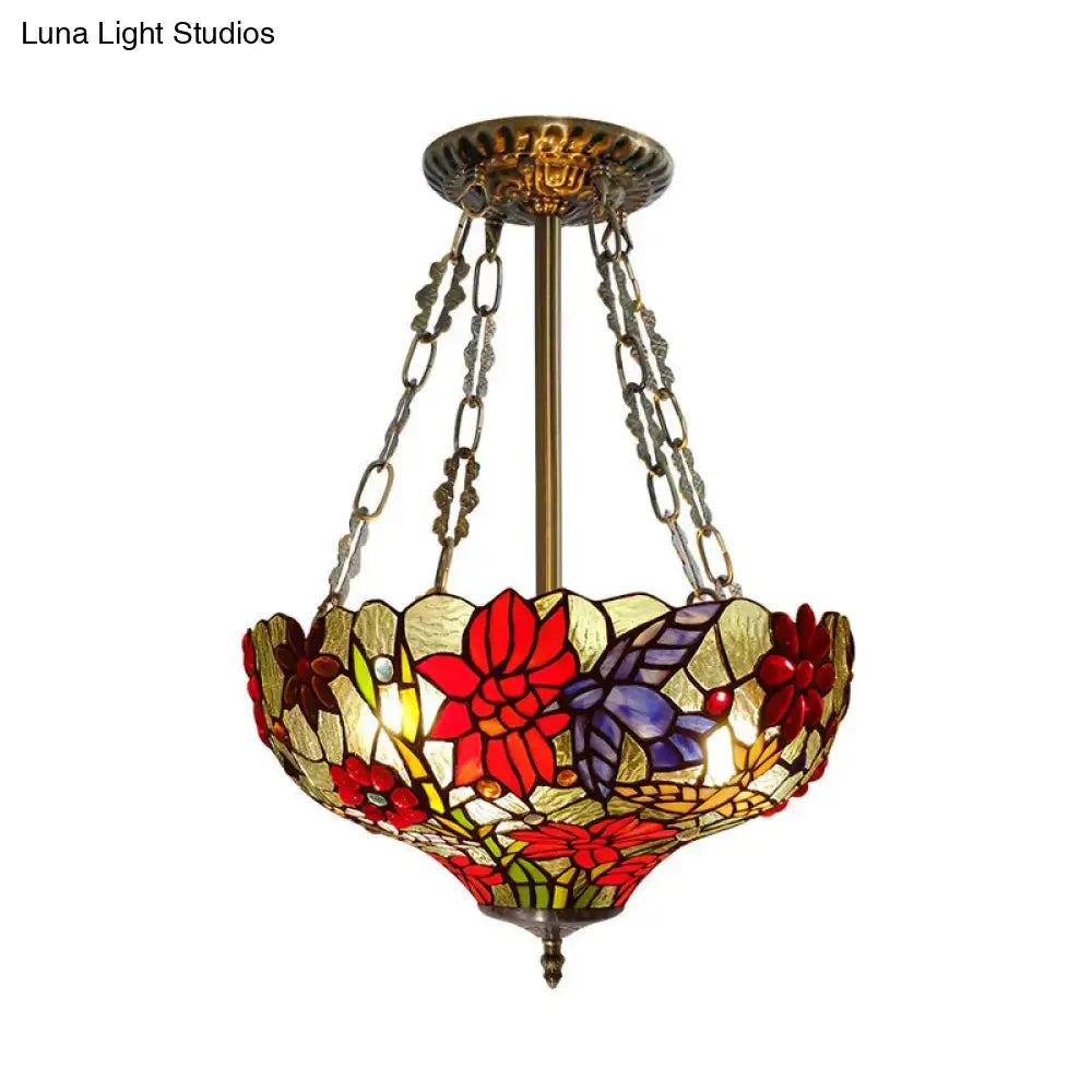 Tiffany stained glass red & purple semi flush ceiling light bedroom