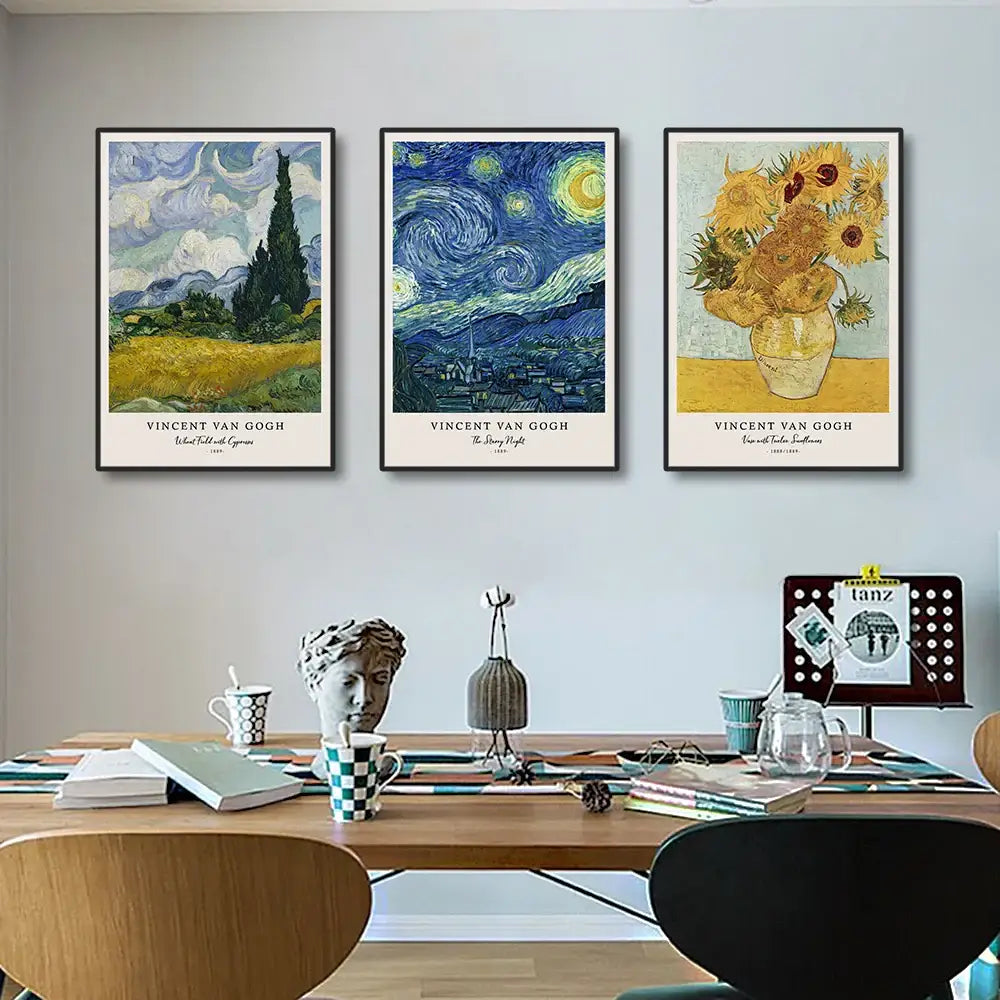Vincent van gogh starry night framed canvas set living room wall art
