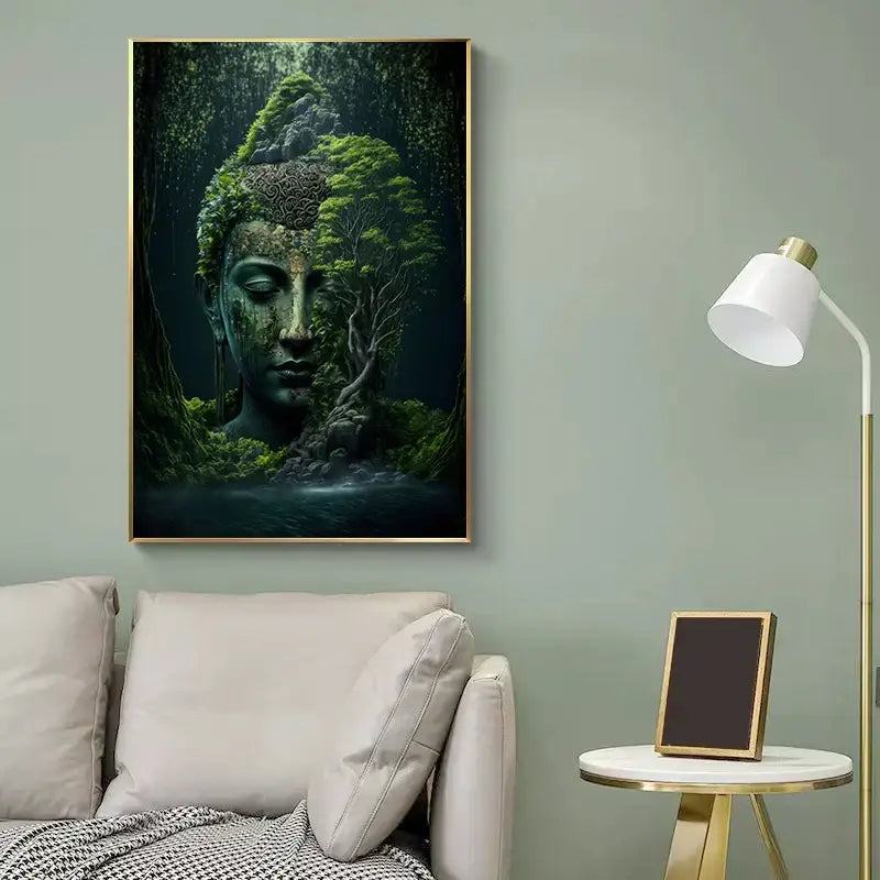 Vintage buddha green moss wall art poster living room canvas