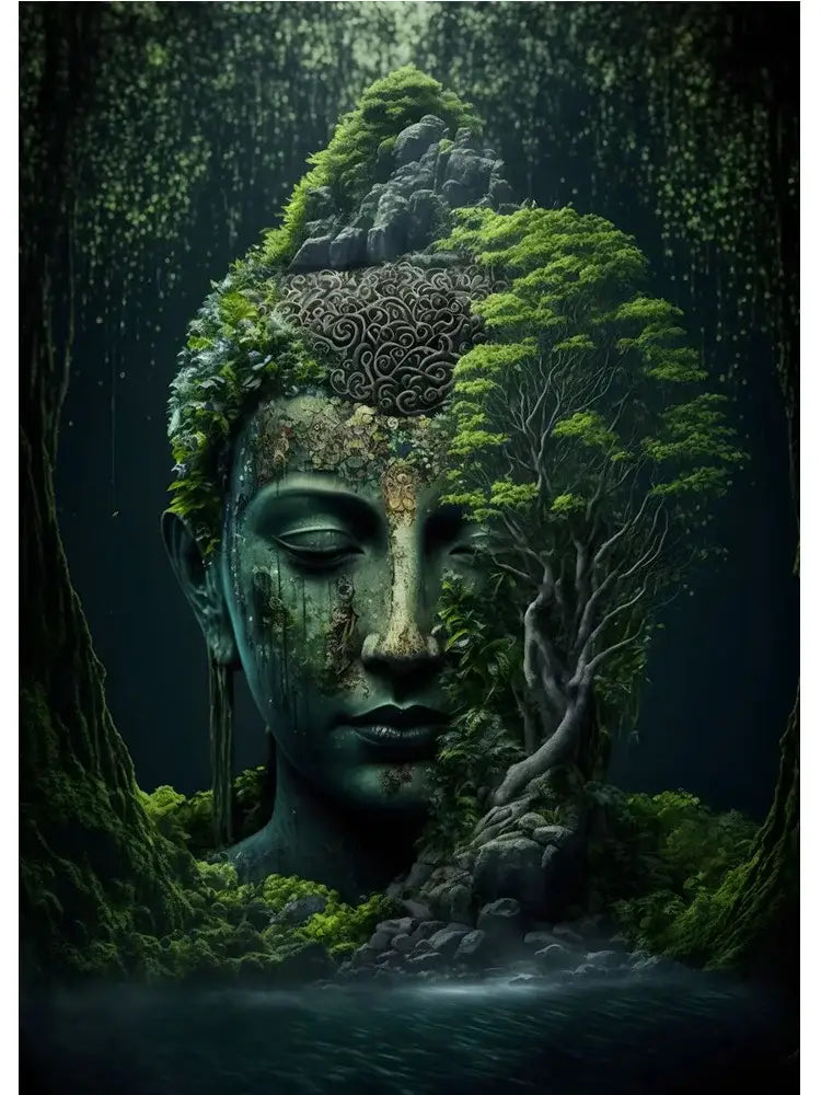 Vintage buddha green moss wall art poster living room canvas