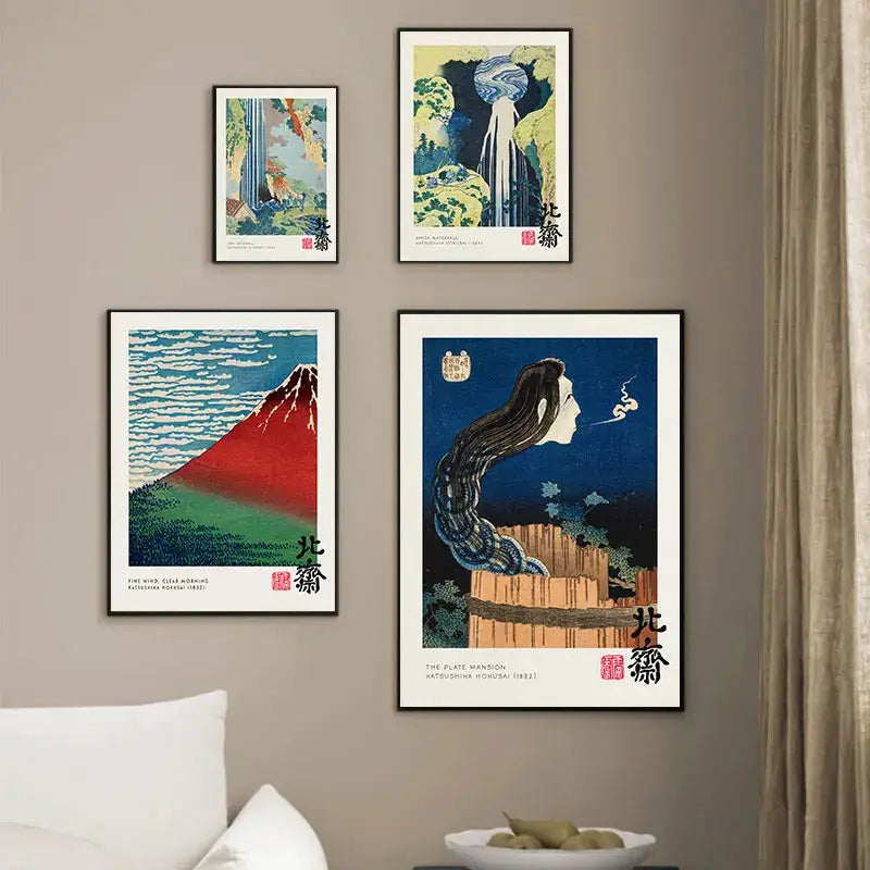 Vintage hokusai great wave painting print set living room wall art