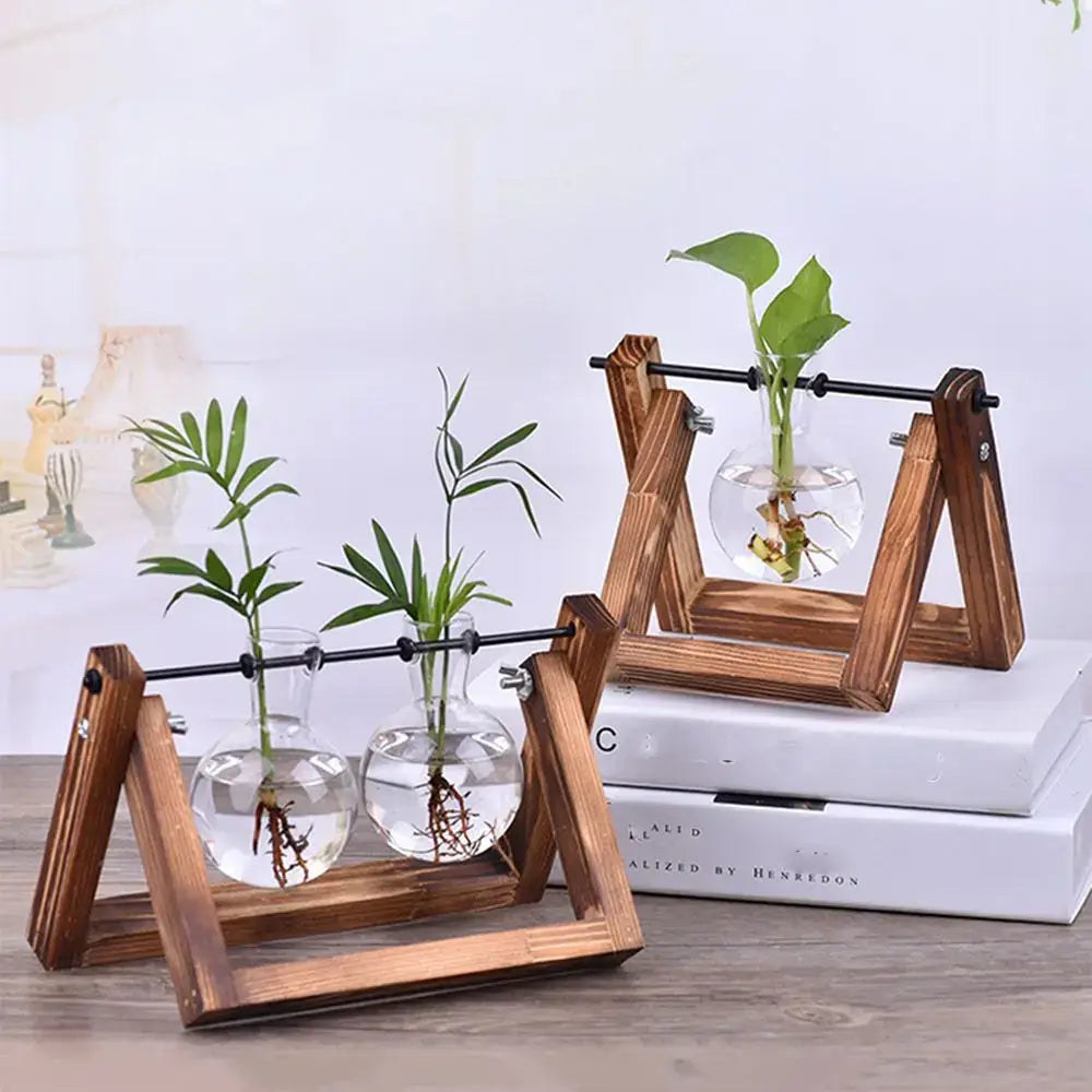 Vintage glass hydroponic plant vase living room triangular wood stand