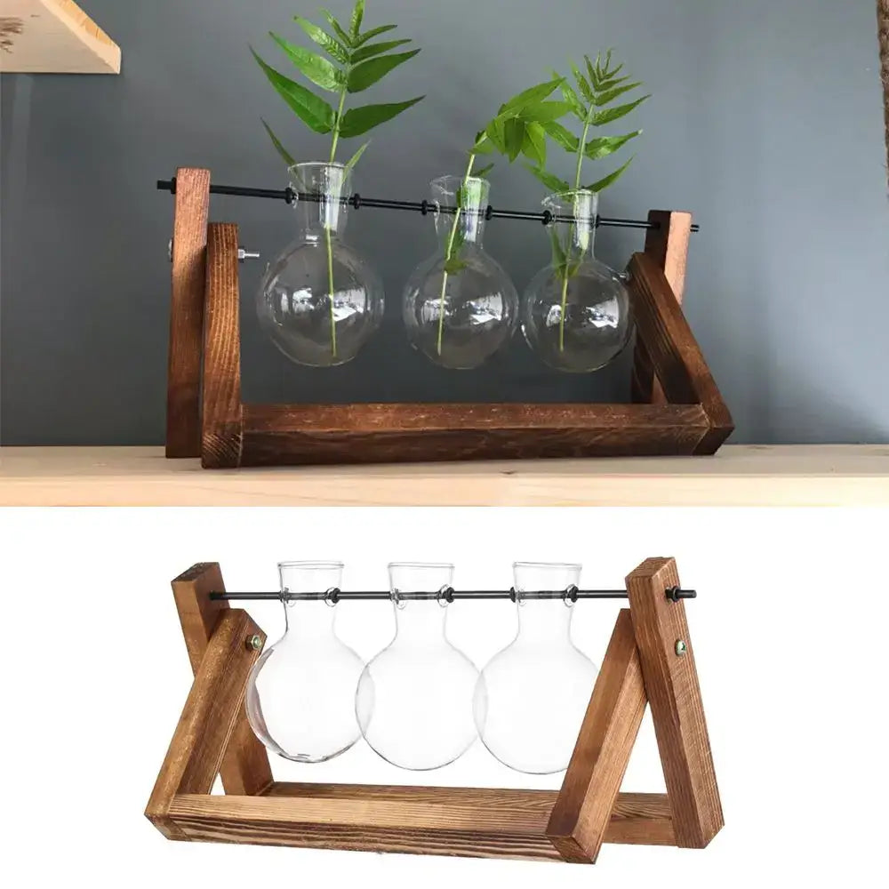 Vintage glass hydroponic plant vase living room triangular wood stand