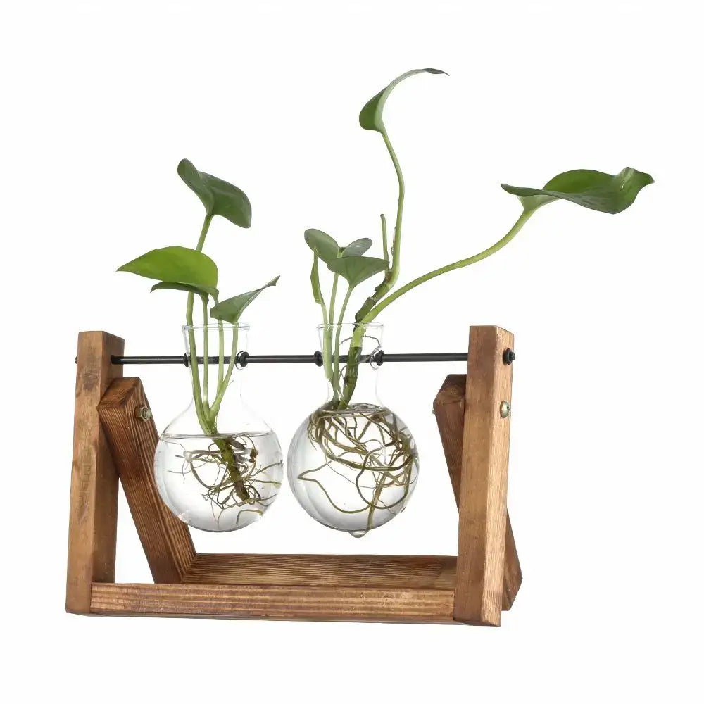 Vintage glass hydroponic plant vase living room triangular wood stand