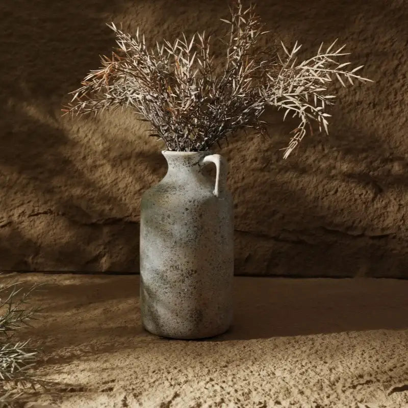 Vintage handmade speckled gray ceramic vase living room rustic jug