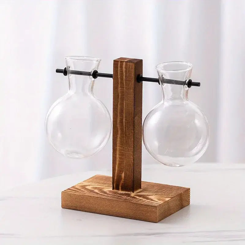 Vintage wood and two bulb vases desktop office plant propagation station