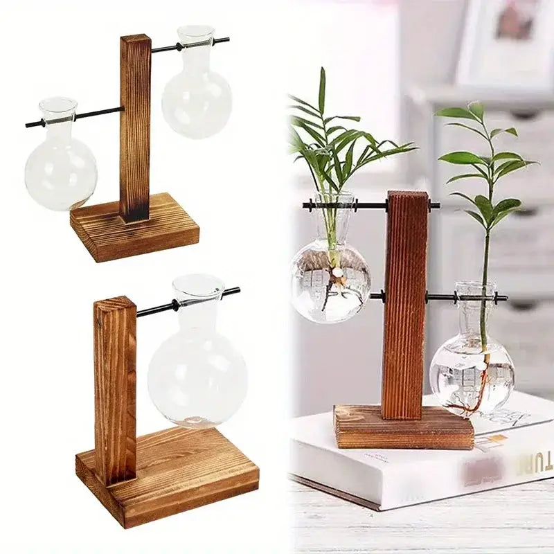 Vintage wood and two bulb vases desktop office plant propagation station