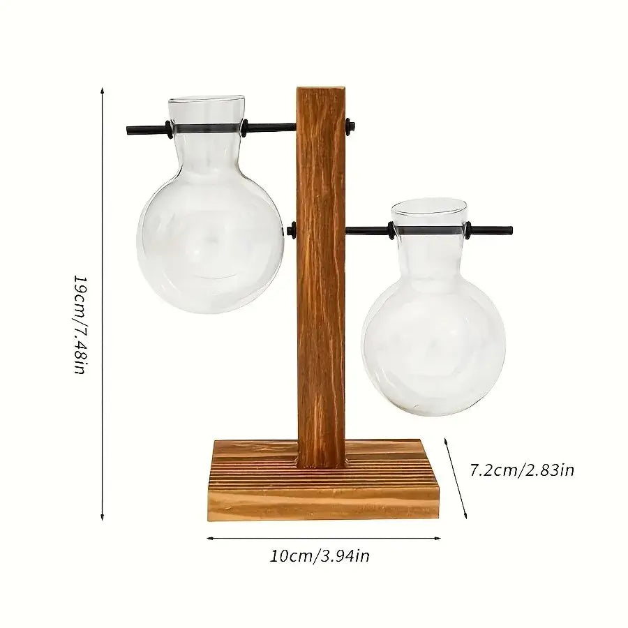 Vintage wood and two bulb vases desktop office plant propagation station