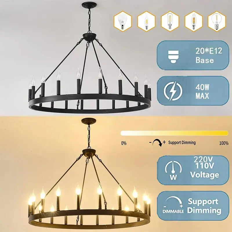Vintage modern led pendant chandelier black wrought iron dining room
