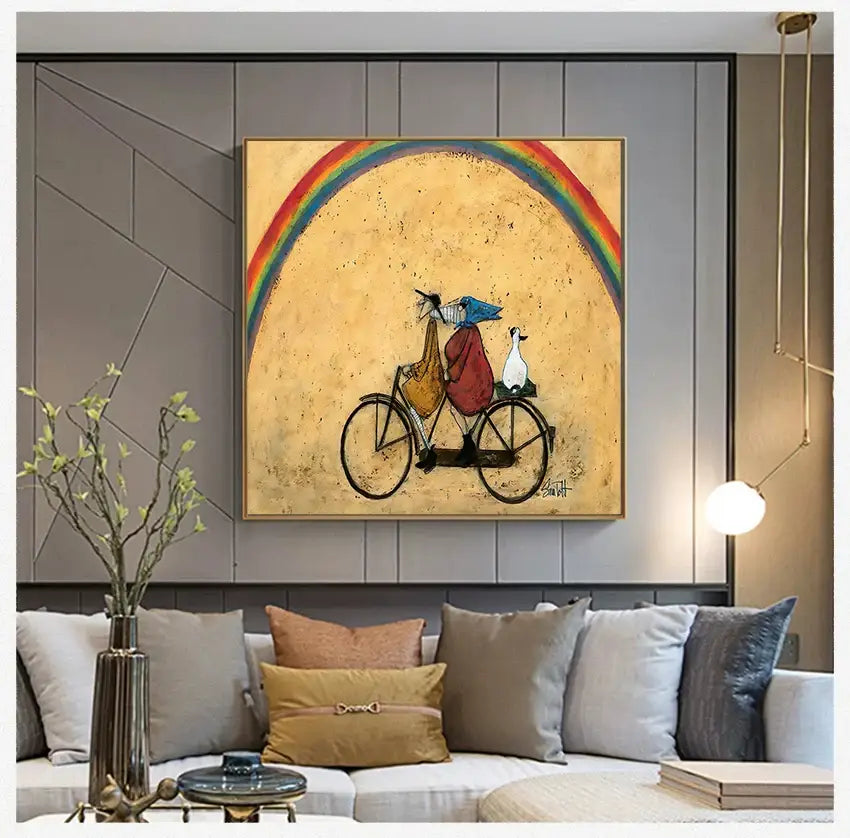 Whimsical abstract rainbow dog canvas wall art for living room