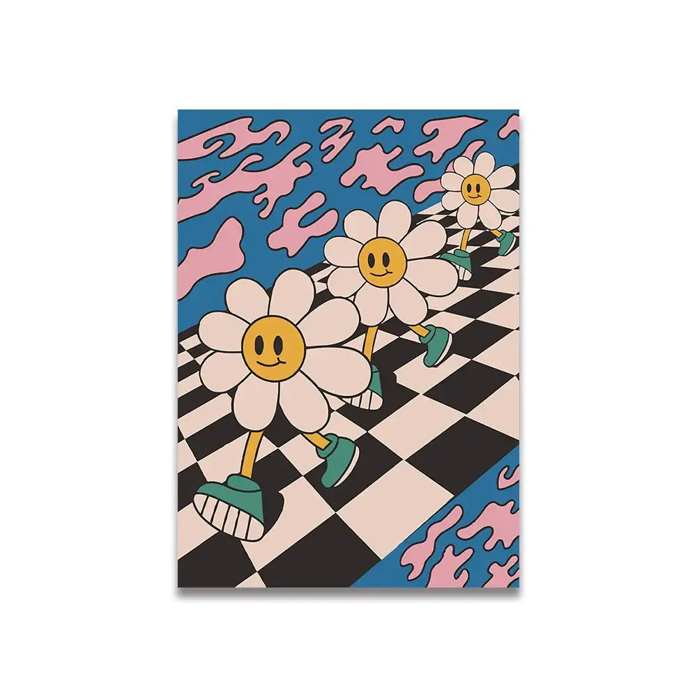 Vintage pink cartoon print toast grid canvas kitchen wall art