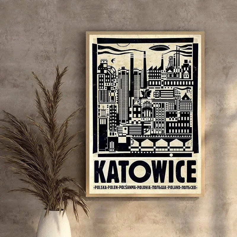Vintage poland city black & white abstract canvas wall art living room