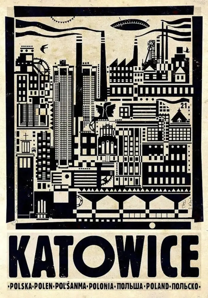 Vintage red & black nowa huta poland city posters canvas living room