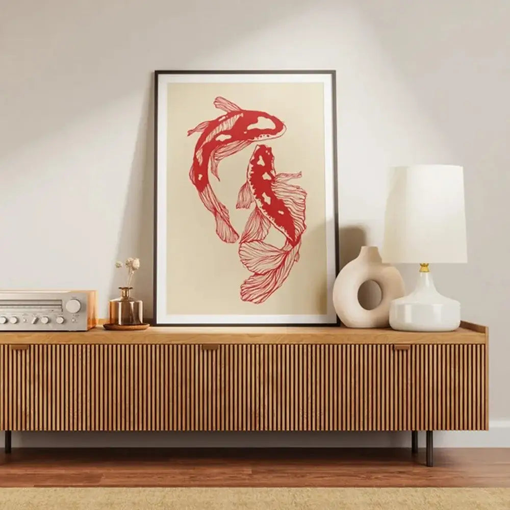 Vintage red koi fish framed canvas wall art for living room