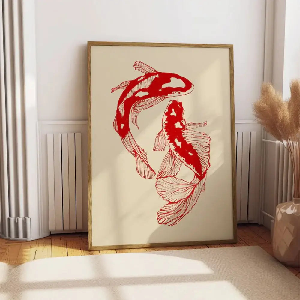 Vintage red koi fish framed canvas wall art for living room