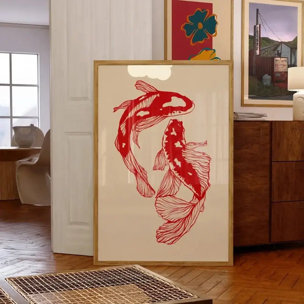 Vintage red koi fish framed canvas wall art for living room