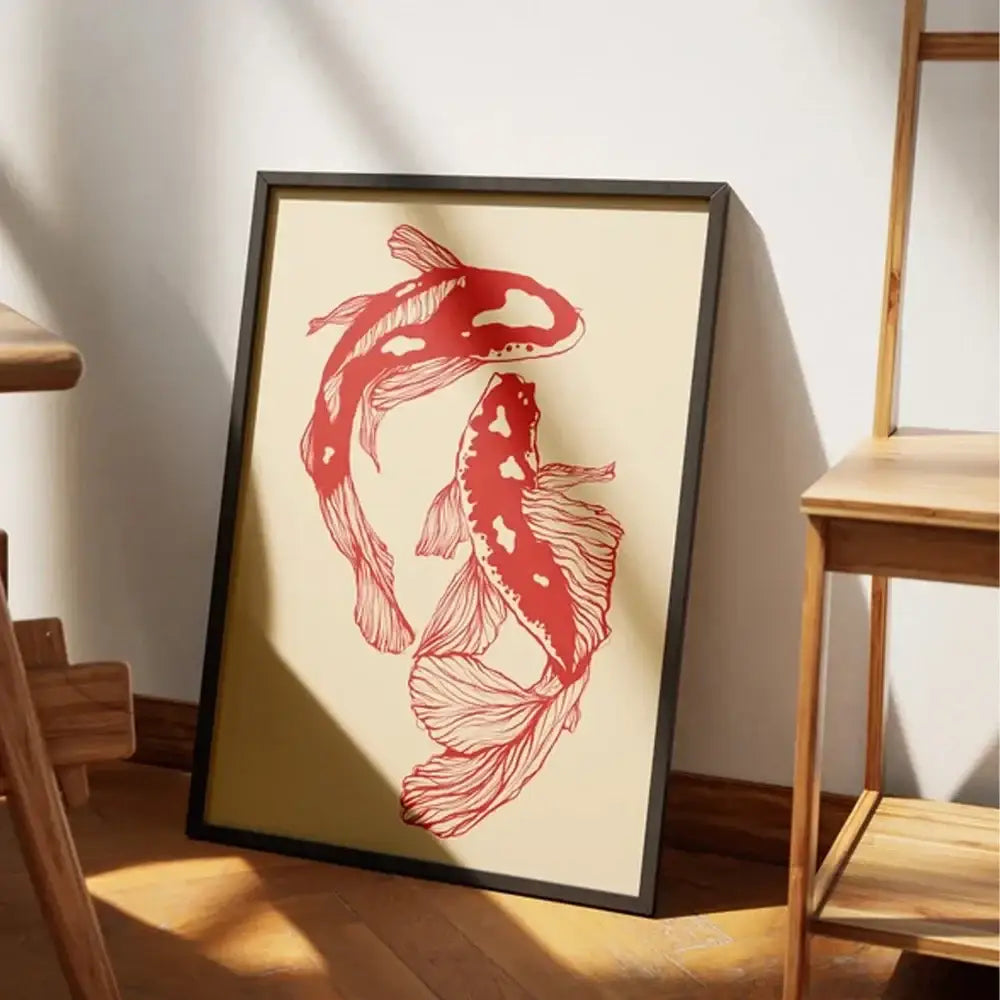 Vintage red koi fish framed canvas wall art for living room