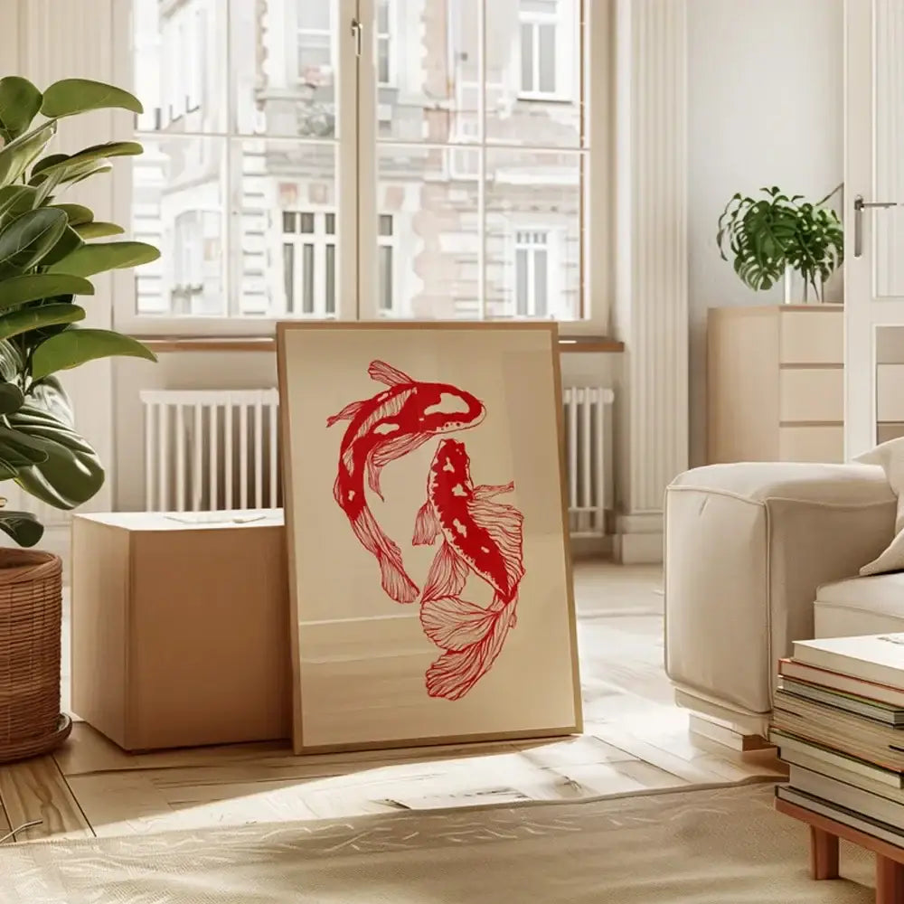 Vintage red koi fish framed canvas wall art for living room