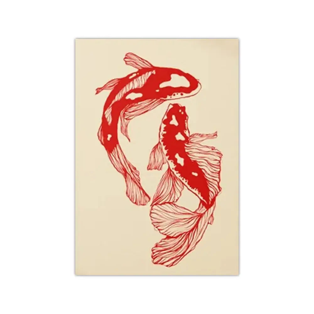 Vintage red koi fish framed canvas wall art for living room