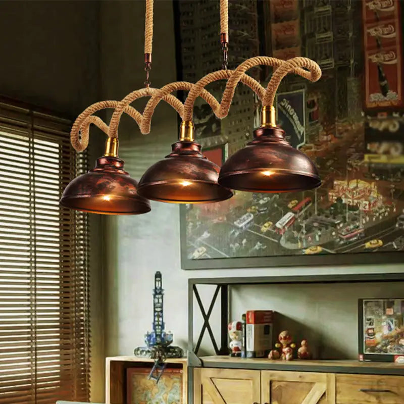 Industrial vintage rust finish 3-light rope pendant kitchen island