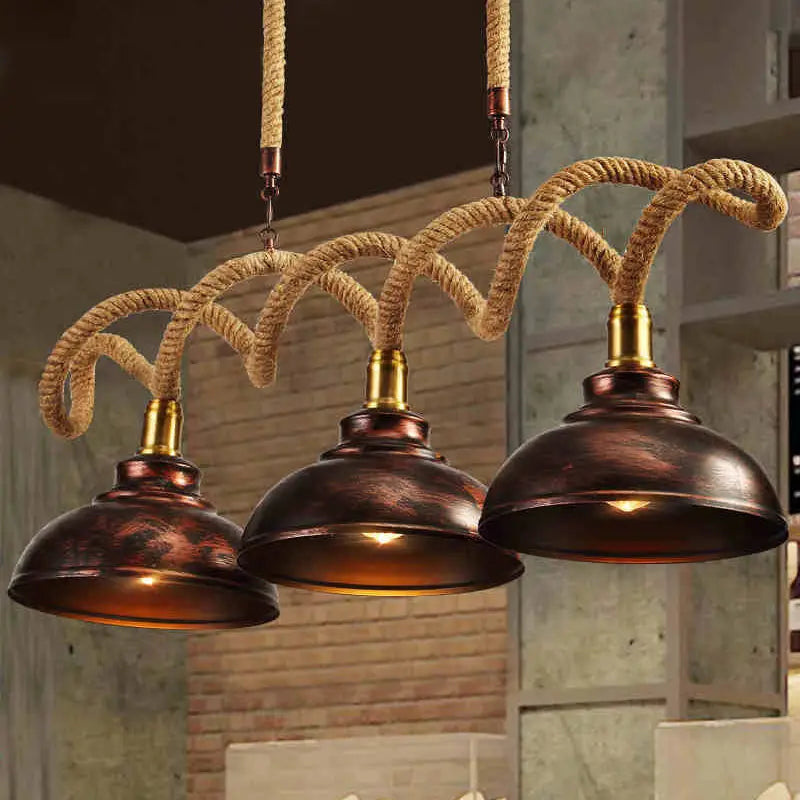 Industrial vintage rust finish 3-light rope pendant kitchen island