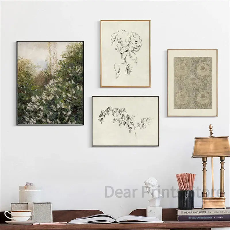 Vintage summer landscape peony ink sketch bedroom wall art