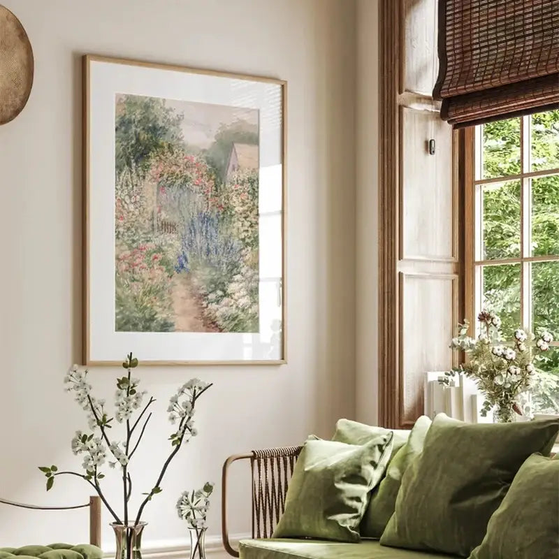 Vintage beige summer landscape oil painting – living room wall art