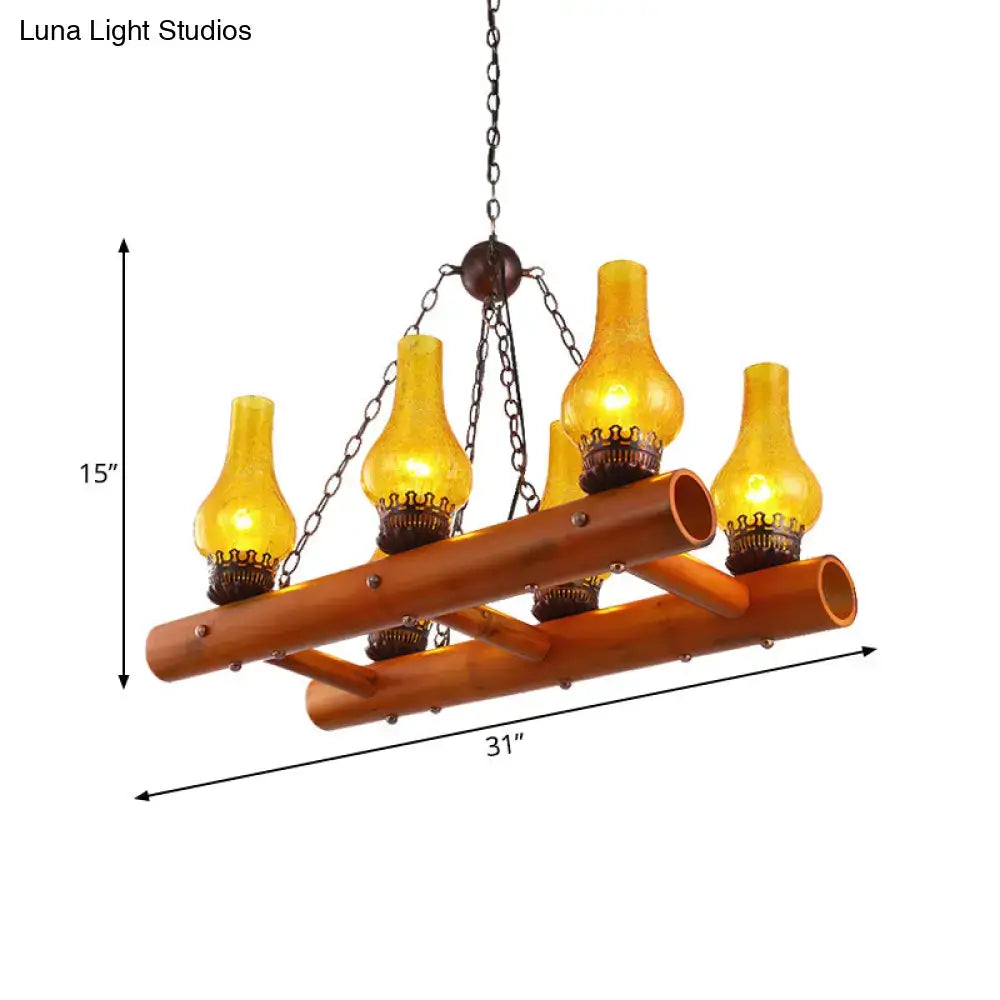Vintage yellow crackle glass pendant light – kitchen bamboo ladder