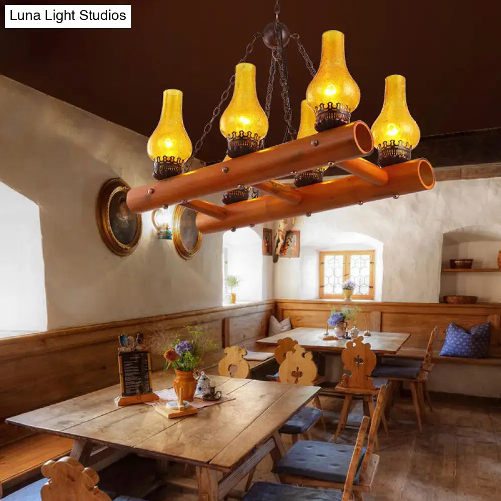 Vintage yellow crackle glass pendant light – kitchen bamboo ladder