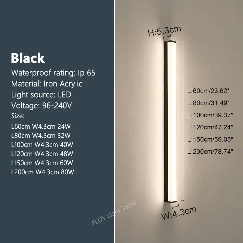 Modern minimalist black long strip led wall light outdoor sconce