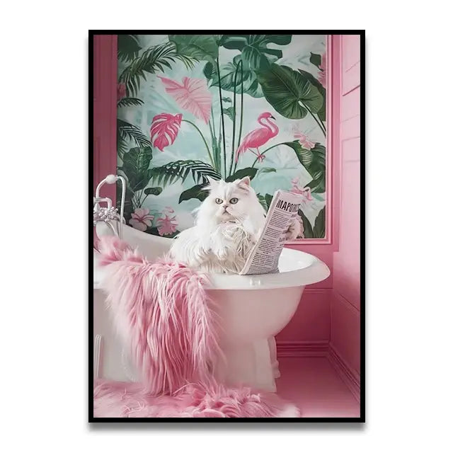 Whimsical pink and white cat bathroom wall art print