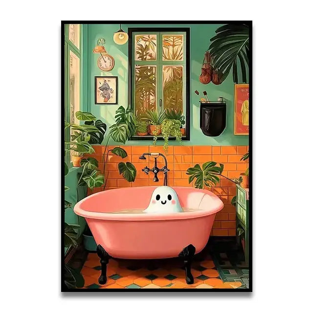 Whimsical pink and white cat bathroom wall art print