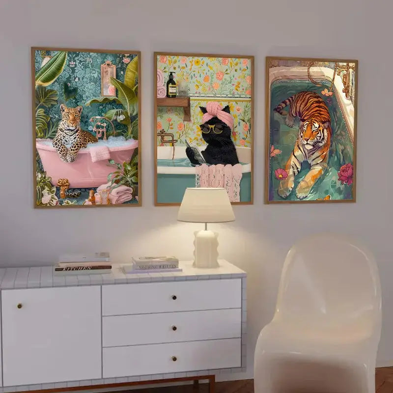 Pink tiger convertible wildlife bathroom canvas painting