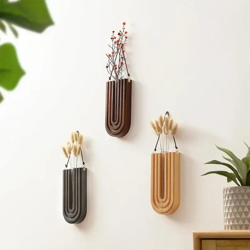 Modern grooved wooden flower vase wall mount set living room decor