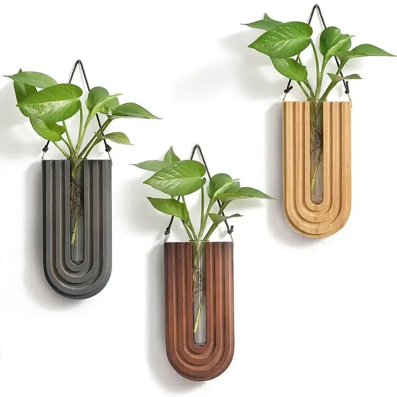 Modern grooved wooden flower vase wall mount set living room decor